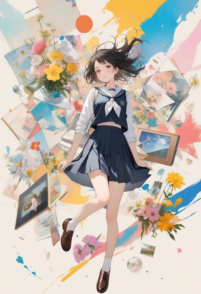 (masterpiece, best quality), print collage depicting,Solo,(girl is floating in zero gravity classroom),17yo,surrounded by various flowers symbols,wearing grunge school-uniform,loafers,march,paint splatters, collage art, contemporary artistic collage,