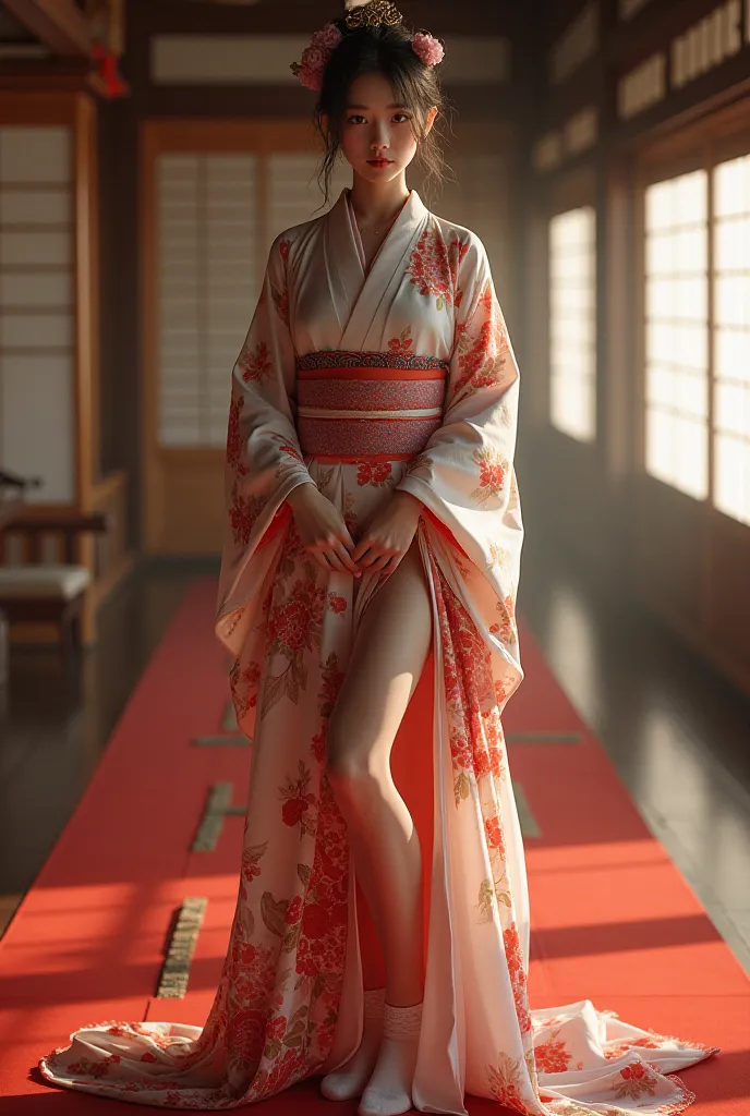 real japanese girl, full body, long legs, kutsu, wearing socks, perfect boobs, wearing a kimono, at wedding, sexy girl, realistic, realism, real japanese girl.