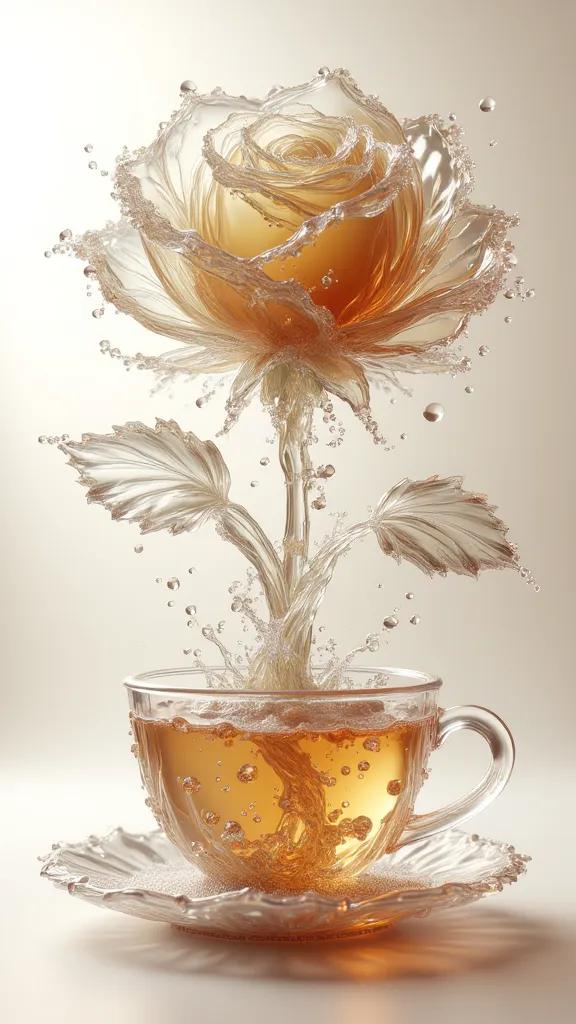 masterpiece, abstract 3d rose made of liquid tea.Next to a cup of hot lemon tea.splashing, nkv style 