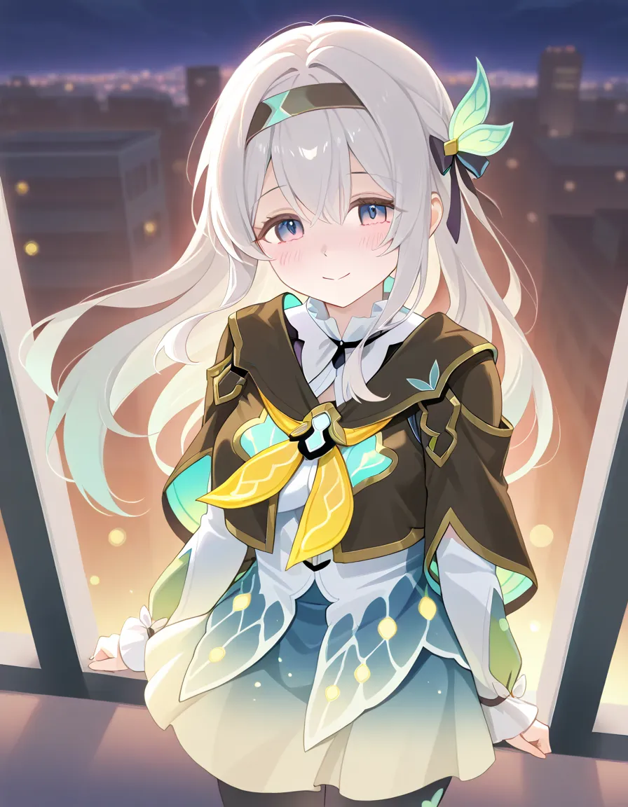 1 girl,  fireflies \( Collapse: Star Rail\), Alone, black thigh high, hair band,  Gradient Skirt, hair ornaments close to the garden, blouse, Frill collar , cropped jacket, yellow neckerchief, floating hair, depth of field, Bokeh, Firefly,,blush, is embarr...