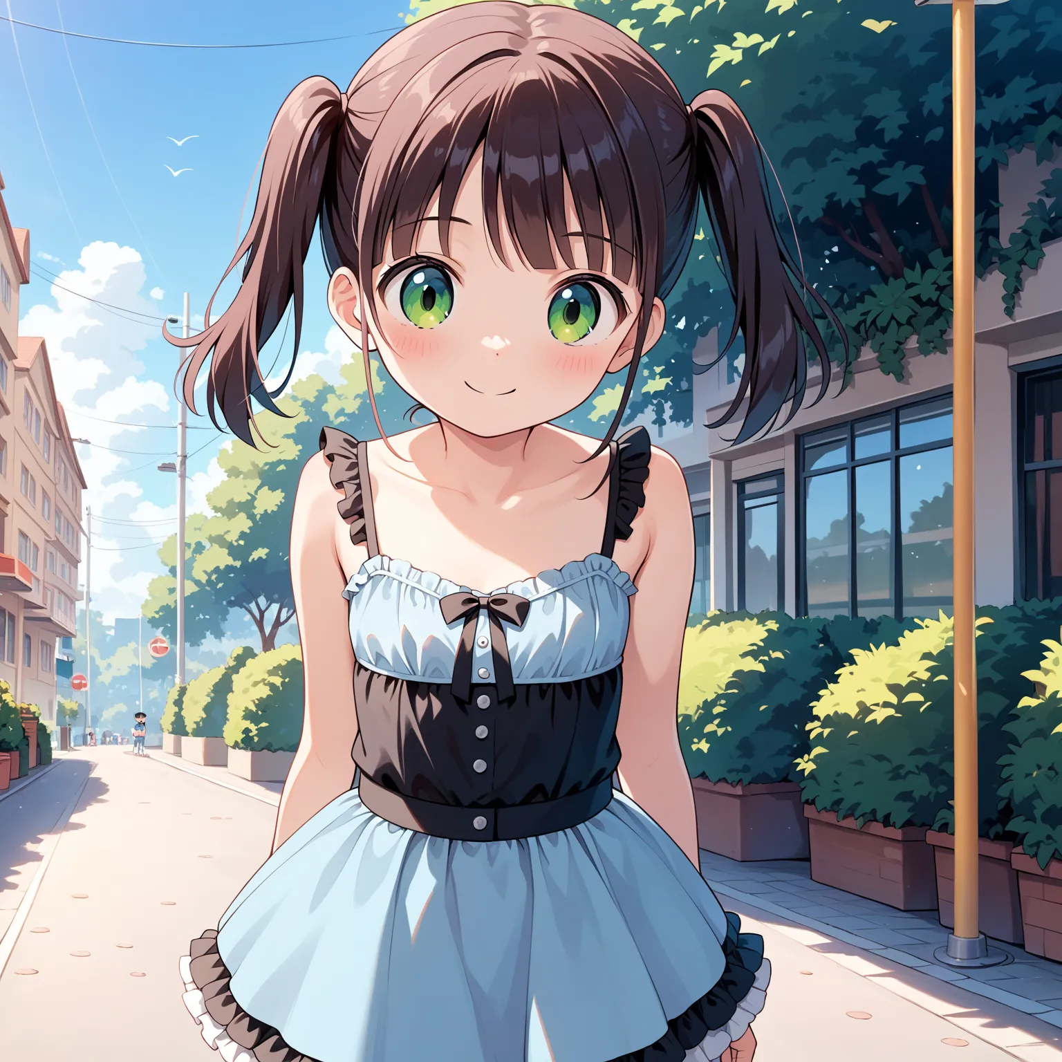 (masterpiece, best quality:1.4), (8k, ultra-detailed, anime style:1.2), cute young girl,  bright  background,(anime:1.3),frilled camisole, frilled skirt, outside, , smile ,loli, little, ultra cute kawaii:1.6),cowboy shot ,closed mouth ,blush, upper body 