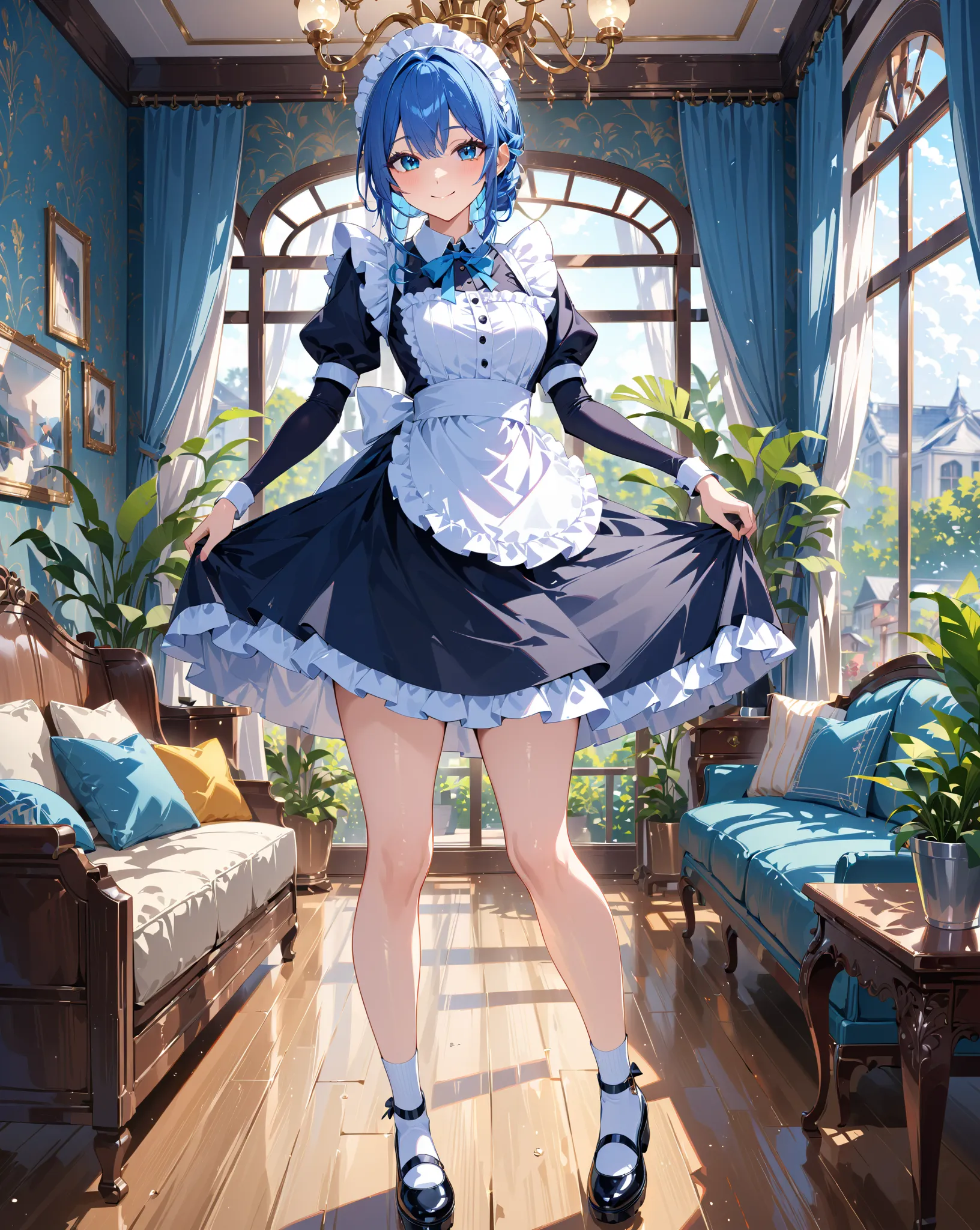 vector graphics theme, girl, maid dress, blue hair, blue eyes, graden room background, fullbody ( from head to toe), smile, [(blurred background:1.2)::0.2], (indoor background:1.2), newest, highres, illustration, incredibly absurdres, ultra detailed, maste...