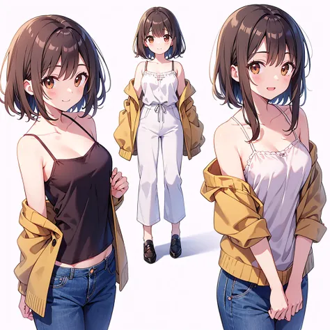  Biologically Correct 、 20 years old, medium hair, dark brown hair, brown eyes, medium breasts, Long cardigan x wide pants + camisole、Very cute clothes、 best smile