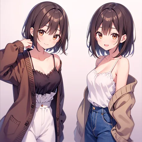  Biologically Correct 、 20 years old, medium hair, dark brown hair, brown eyes, medium breasts, Long cardigan x wide pants + camisole、Very cute clothes、 best smile