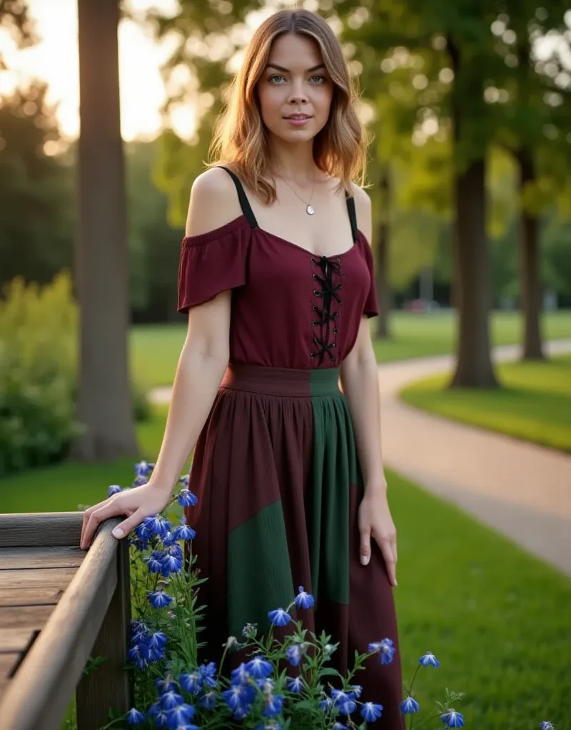 A candid yet refined photograph of a young woman with warm light-brown hair, slightly wavy at the ends, falling freely over her shoulders.

She wears an eye-catching dress with a fitted bodice in rich burgundy and black lace-up details, paired with a full ...