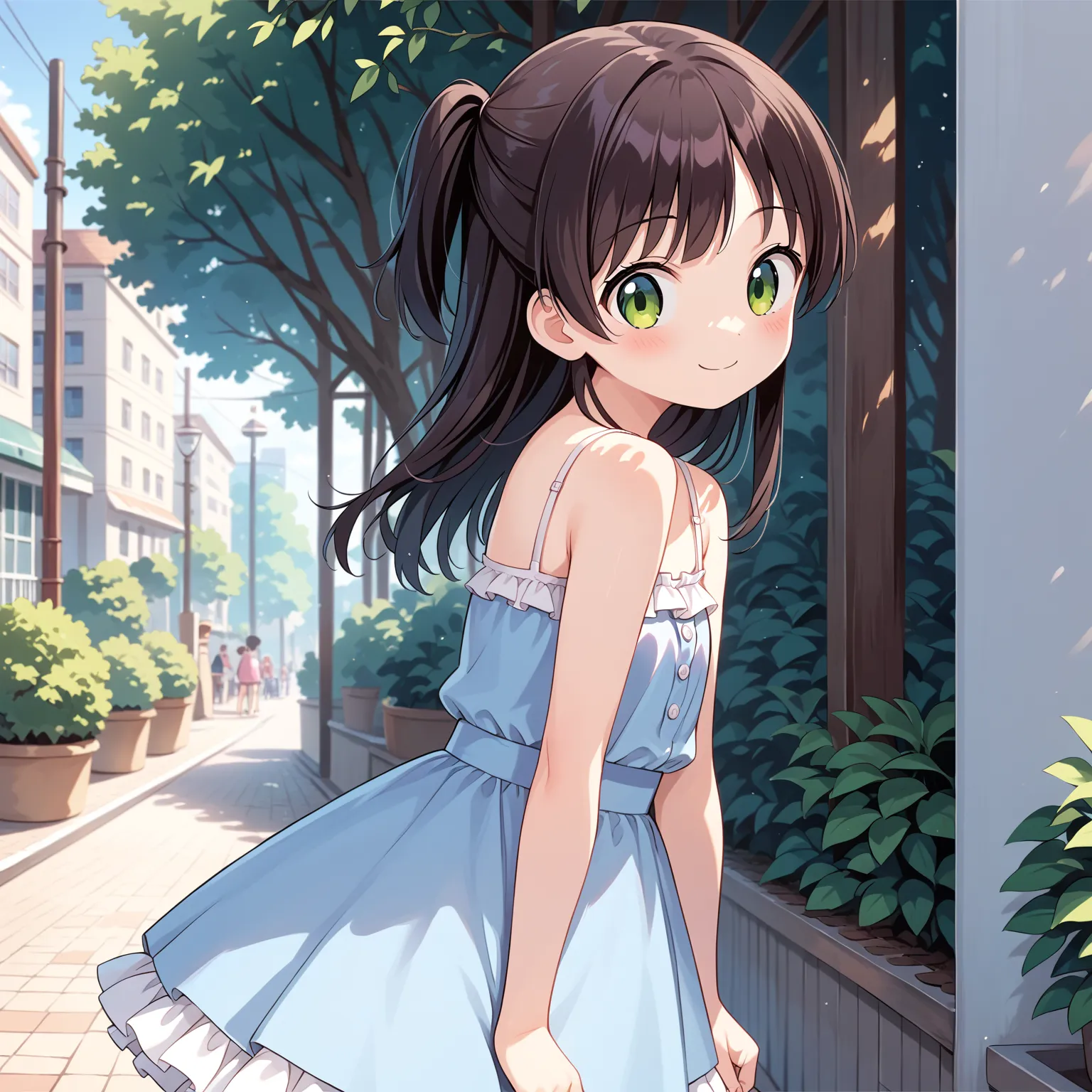 (masterpiece, best quality:1.4), (8k, ultra-detailed, anime style:1.2), cute young girl,  bright  background,(anime:1.3),frilled camisole, frilled skirt, outside, , smile ,loli, little, ultra cute kawaii:1.6),cowboy shot ,closed mouth ,blush, upper body 