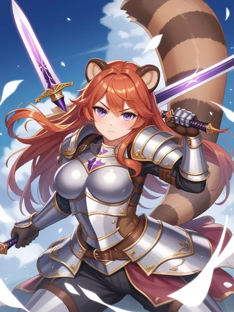 Girl,  in leather armor, armed with a knight's sword,   Masterpiece , red hair, long hair,  Looks at the viewer,   violet eyes,  raccoon ears ,  Tanuki tail, anime style