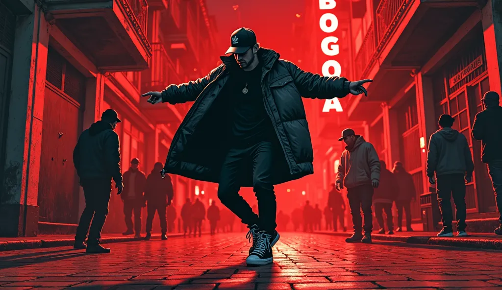 Illustration in red and black ink of a Bogota white rapper man, black sweatshirt with baseball cap, big coat, high top Adidas sneaker, dancing hip hop on a dingy night street. Super resolution, super quality, volumetric lights, three-dimensional shadows.
