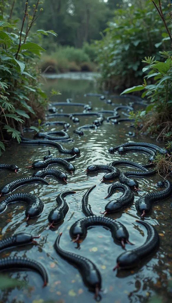 There is a pond and there are a lot of black leeches in it and they are drinking the water 