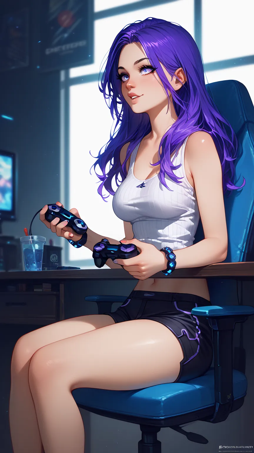 leaning in the chair, boring expression, purple hair, long hair, Who wears a loose and ribbed white tank top,  black shorts animation,   sitting in front of the desk  , dark room,  Holding the Controller , playing video games on the television, looking at ...