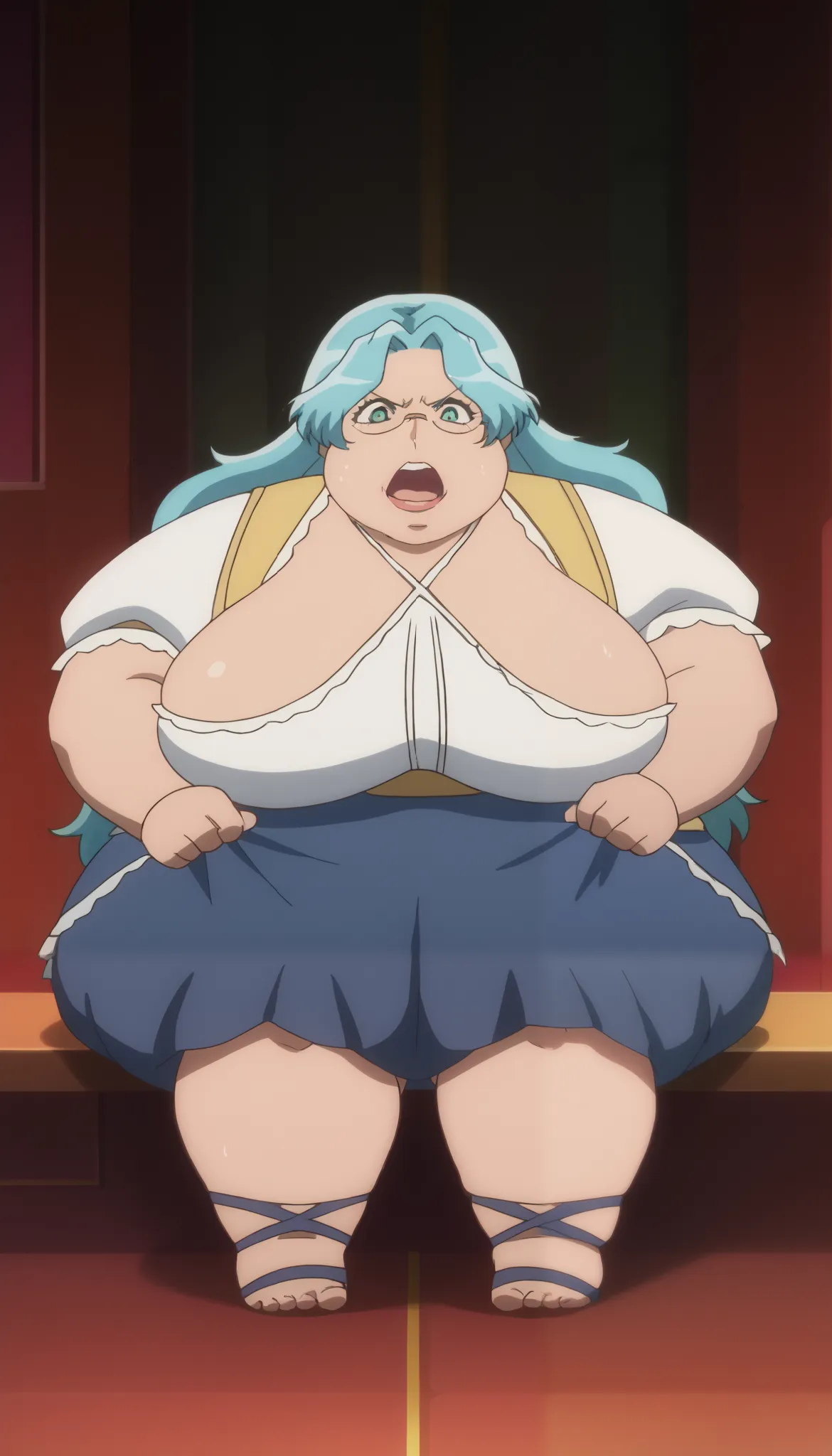 Phryne Jamil, score_9,score_8_up,score_7_up,score_6_up, source_anime, woman, long hair, aqua hair, aqua eyes, round glasses, criss-cross halter,
short sleeves, puffy sleeves, frills, dress, dress, cross-laced dress, dirndl, 
plaid, skirt,
 anime screencap,...