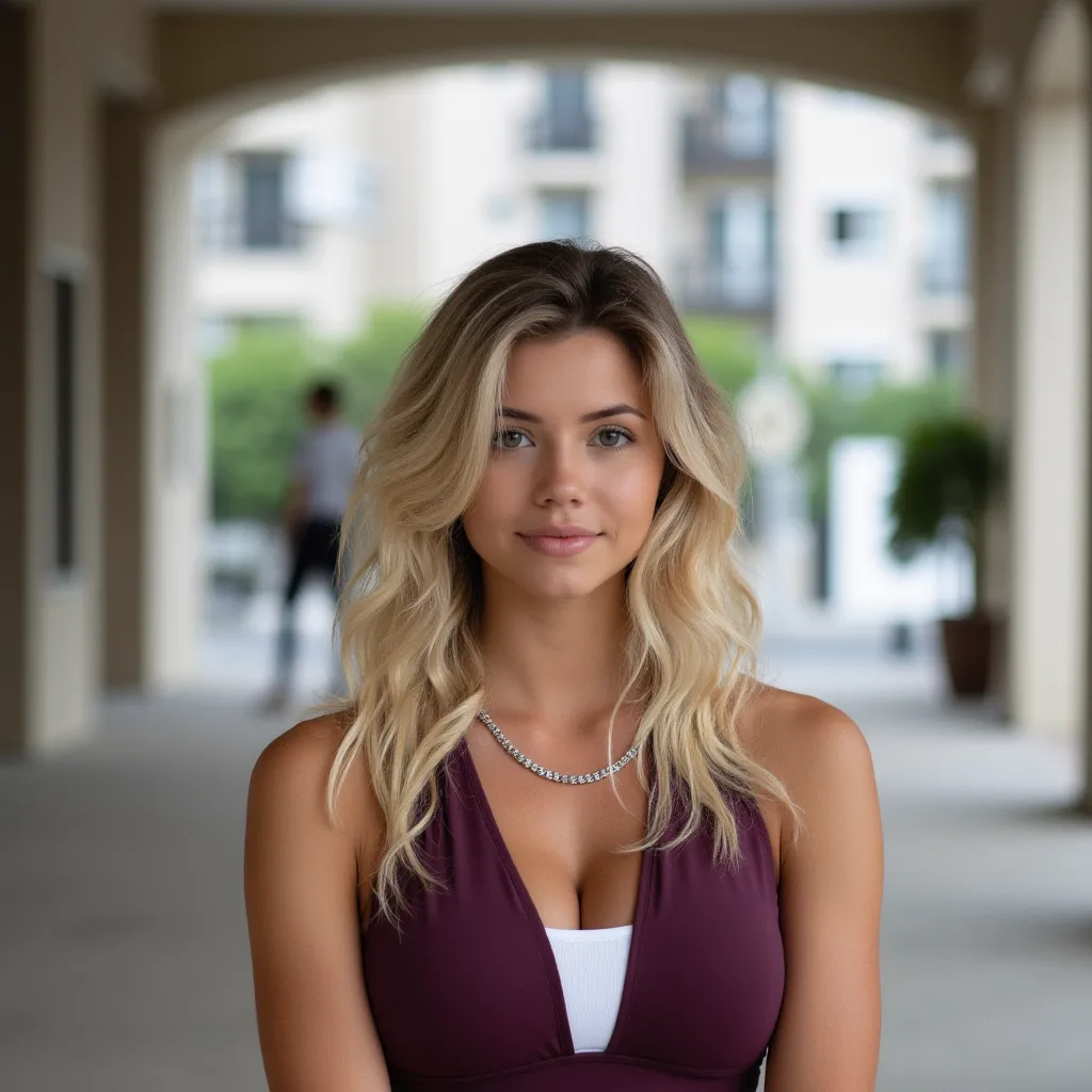 Woman standing on the tennis court. She has a tennis racket in her right hand. She holds up the tennis racket. ,  style photorealistic , ,  sharp focus, very detailed, Background apartment blocks , daylight,  full body