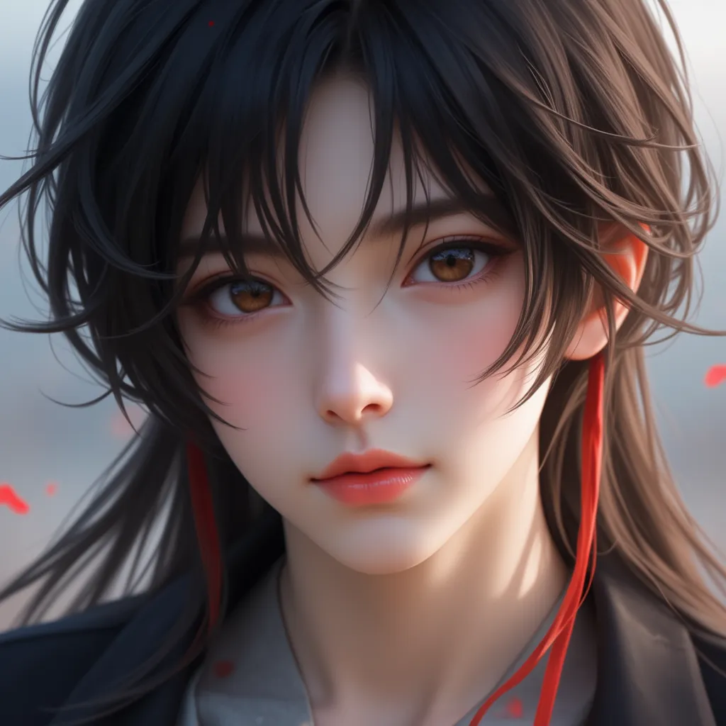 masterpiece, best quality work of art, 8k, of the highest quality, best graphic,    Beautiful eyes   , beautiful sensual lip, beautiful background,   long black hair going lower than the shoulders ( hair with bangs on the right side and red locks in the ha...