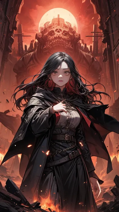 (Best Quality),(composition showing the whole body),(A girl dressed in black leather clothes),(Her Right Hand Is a Girl Holding a Sword),(the girl with the black leather cloak),(Clothes々damaged areas can be seen),(A girl around ),(, a sharp sword that shin...