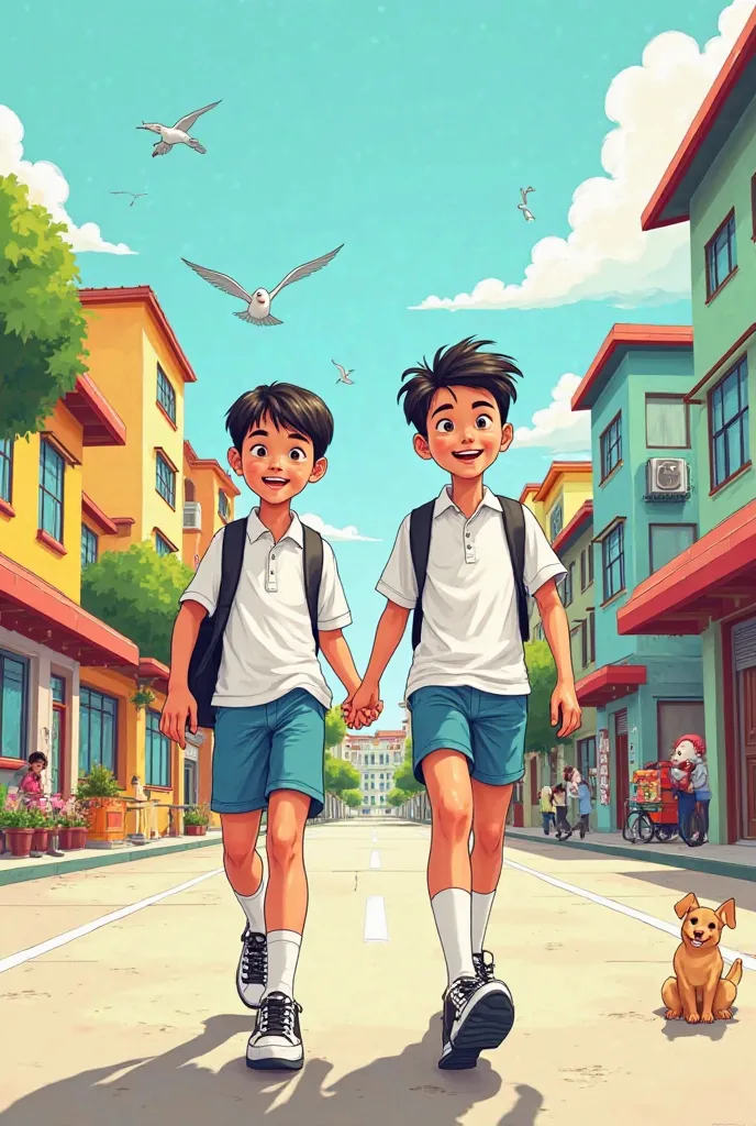 Two man student walking to school wearing white uniform comics