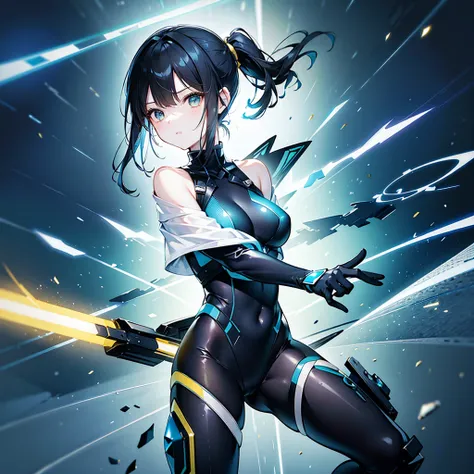 Alone, stylish game stand-up illustration、stylish anime-style illustration、flight、short stature and glamorous figure、A cool and cute woman、blue, black, and white sci-fi style battle bodysuit and light armor that sticks tightly to the skin、Golden Eyes、is ho...