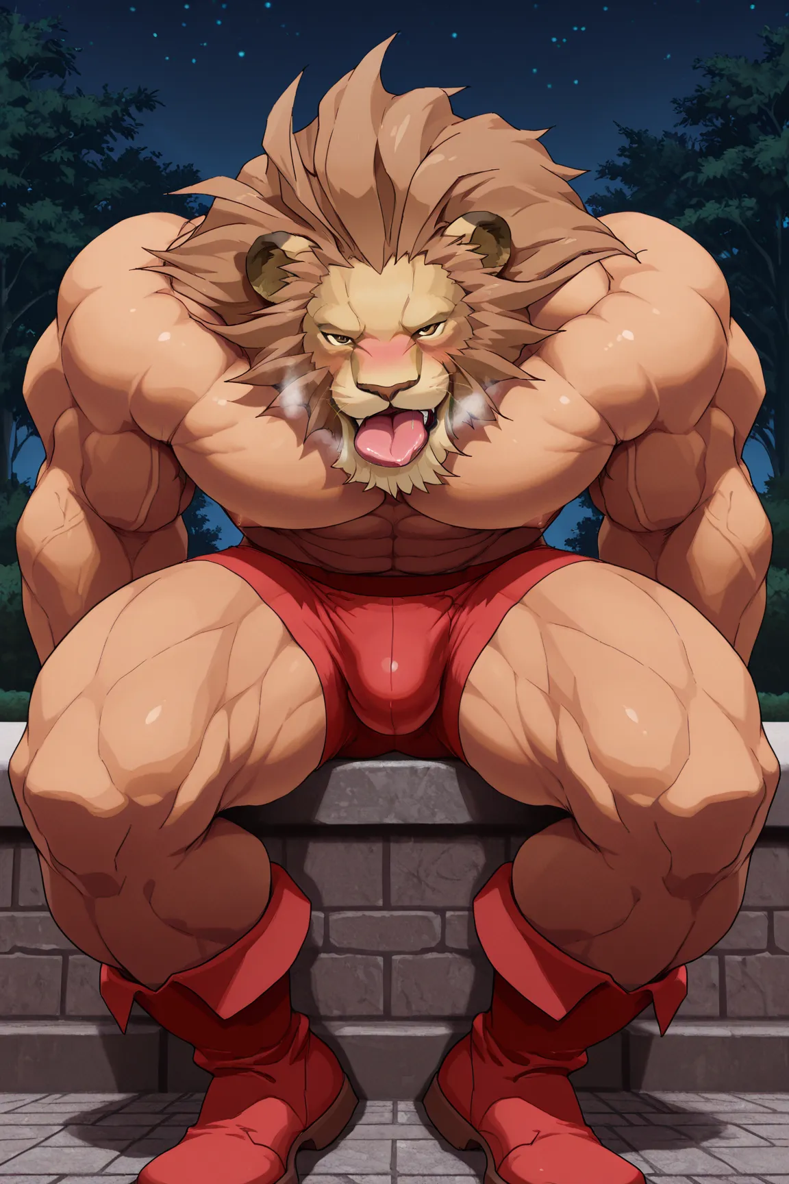 Highest Quality, 4k, masterpiece, Amazing Details, highly detailed face, night time, stary background, park , Lit From behind, (LeoRE, lion head, brown mane, red boots, muscular, in love, blushing, licking, leaning forward, visible breath, red boxers, bulg...