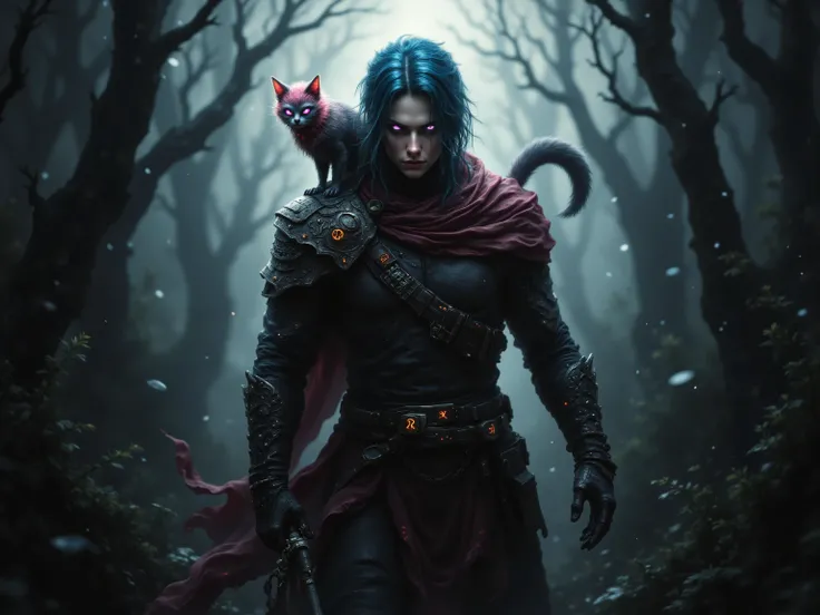 A towering figure moves silently through a shadowy, otherworldly landscape, his dusky blue hair glowing faintly in the dim light, partially tied back with loose strands cascading over his shoulders. His crimson eyes pierce through the gloom, scanning the d...