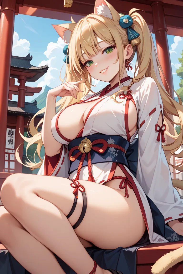 sexy pose, (one woman, blonde hair、twin tails、 shrine maiden clothes)、cute, (Top Quality、big breasts)、eyeliner, long hair, one bit your lip and laugh,  miniskirt ,  bedroom eyes, Cat girl, Cat ears,  Shrine Background , 8k, hi res, (best quality, masterpie...