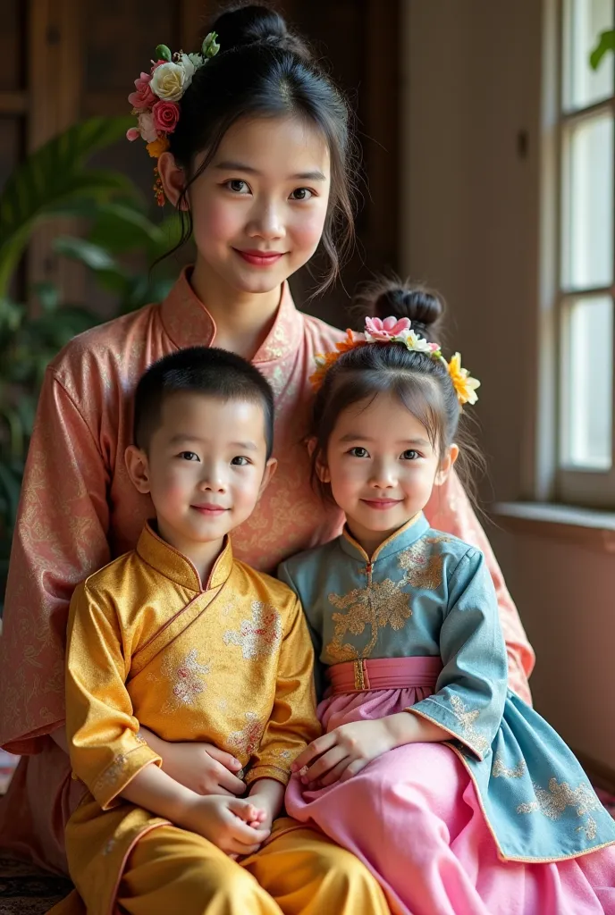 Beautiful stepfather wearing gold and pink vintage Thai dress, has 3 ren,  son with cute white skin, wearing golden yellow Thai costume, 12 and  daughter with cute pink white skin, wearing blue and pink antique Thai dress, sitting in blue and pink antique ...