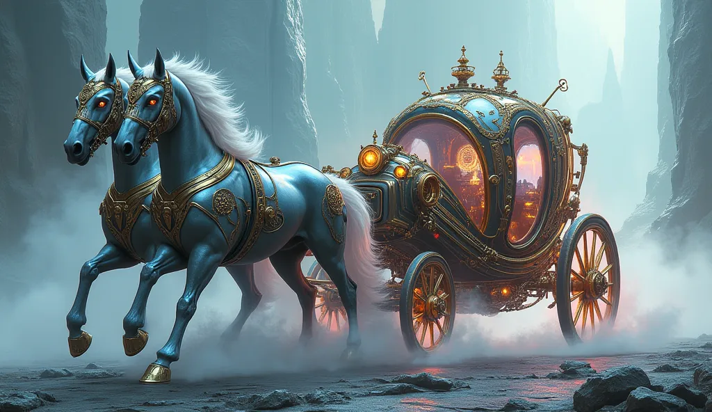 Futuristic ethereal robust aggressive luxury steampunk horse carriage with gold wheels