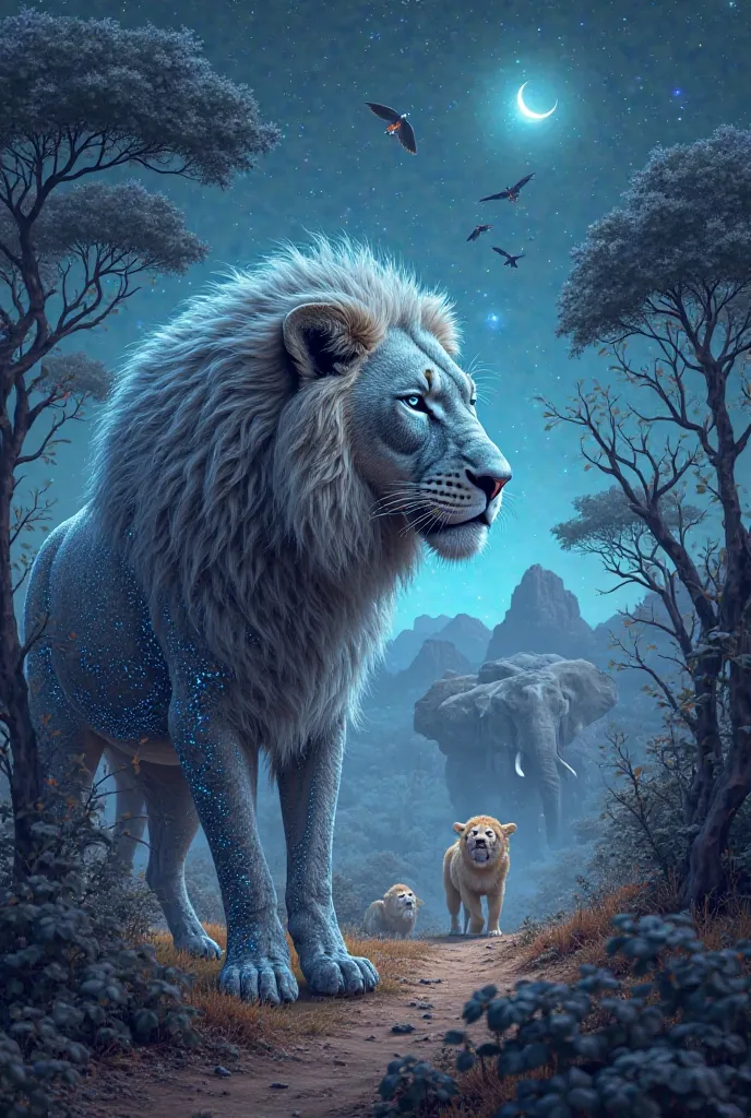 Magical AI Wonderland: "A surreal, enchanting landscape where animals like lions, elephants, and birds are portrayed with a magical twist—glowing eyes, digital patterns on their fur, and an abstract, starry sky. The overall mood is both mysterious and invi...