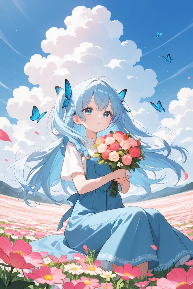 anime、kawaii"An surreal girl is sitting in a vast flower field. She is holding a colorful bouquet of flowers, and in the background there is a blue sky with white clouds. Butterflies are fluttering in the sky, and sparkling light particles are floating in ...