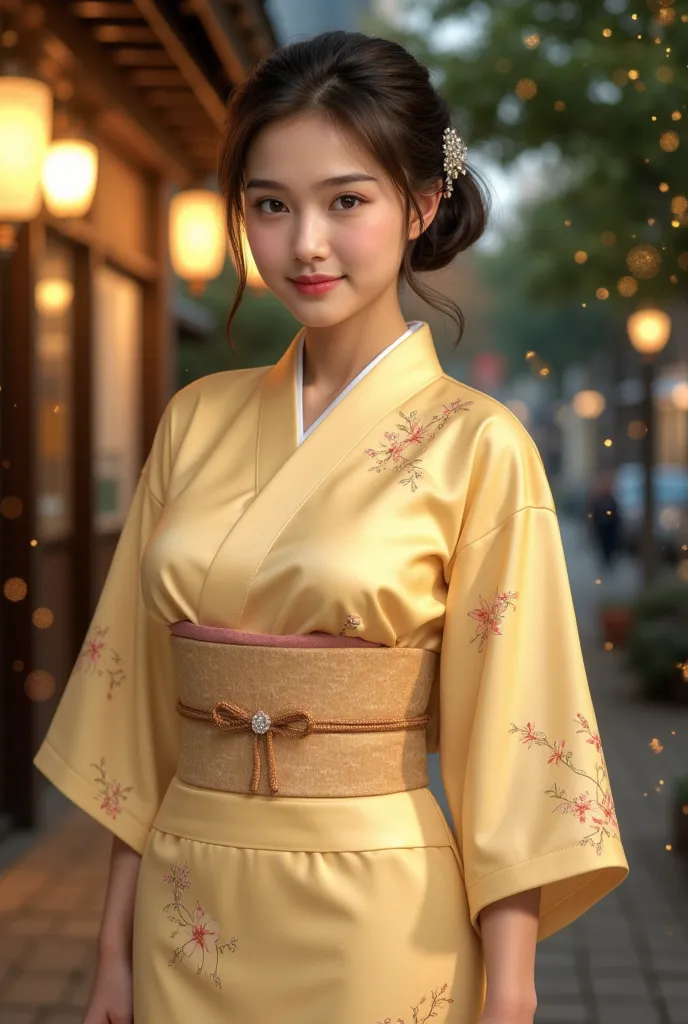 Enhance the image、 hairpin with a diamond、She alone、Back to back、big beautiful ass、The street lights are glittering at 8 o'clock at night、Gold Dustが多く舞散る、Ancient Japanese kimono、The color of the kimono with the fine floral pattern is light yellow、silk、 hai...