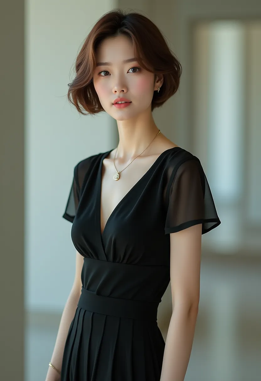 High Quality, Masterpiece, 45 Years Old, 1 Girl, Korean, Model, High Definition, Beauty, Subtle Japanese Makeup, Short Haircut: 1.2, Men's Haircut, Big Blue Eyes, Golden Section, Clean Background, Standing Indoors, Top Quality, Very Detailed, Cute, Masterp...