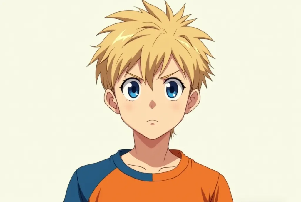 Draw anime character boy
 With blond hair blue eyes sweatshirt orange and serious