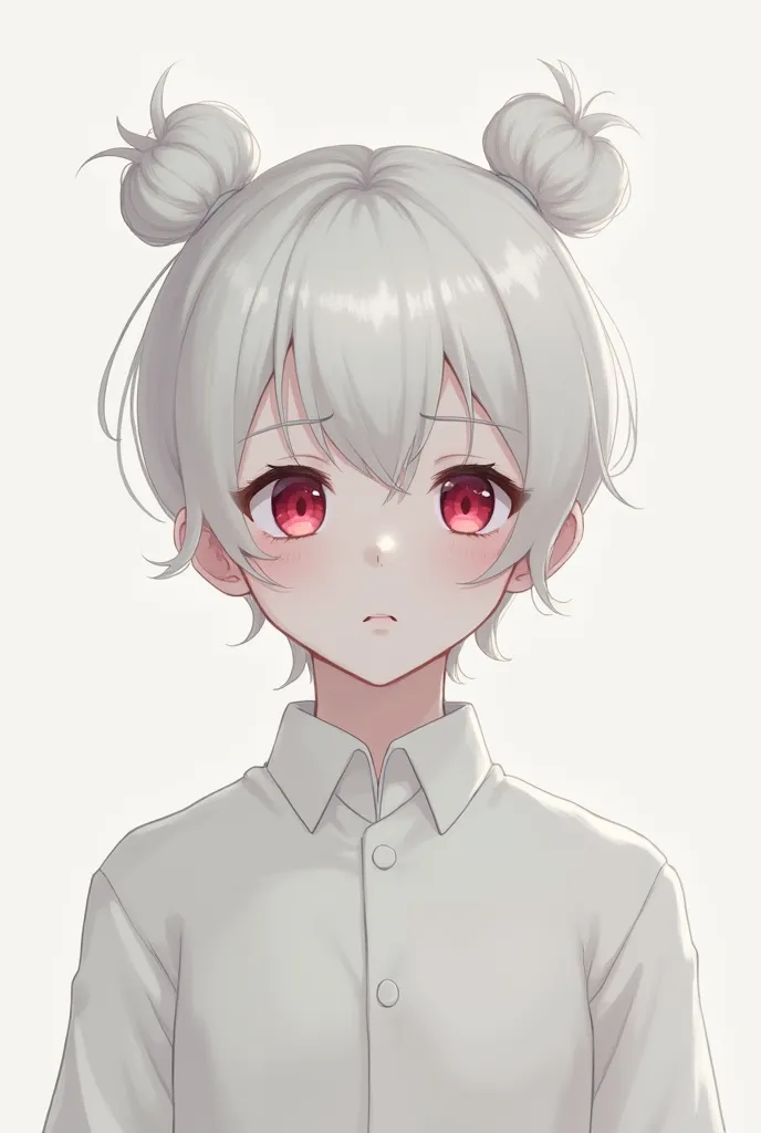 anime, boy, detailed, white   hair with a bun and two locks on the sides, dull face , white clothes  , very detailed,ruby eyes  ,