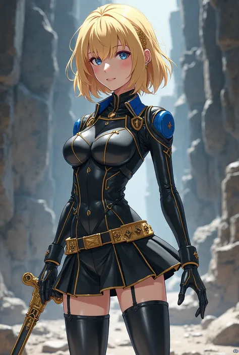 Anime-like drawing of a heroine with short shoulder-length hair in blonde, a tight suit with black skirt and boots with gold and blue details, That he has a sword and a pocket watch 