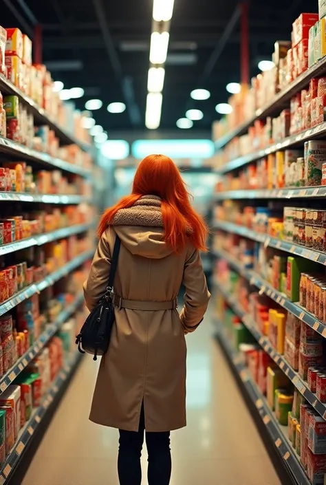 A wide-angle photograph capturing a red-haired woman shopping in a supermarket during winter. The scene shows fully stocked aisles with bright lighting and a warm indoor atmosphere. She wears a cozy winter coat and a scarf, her hair vibrant against the neu...