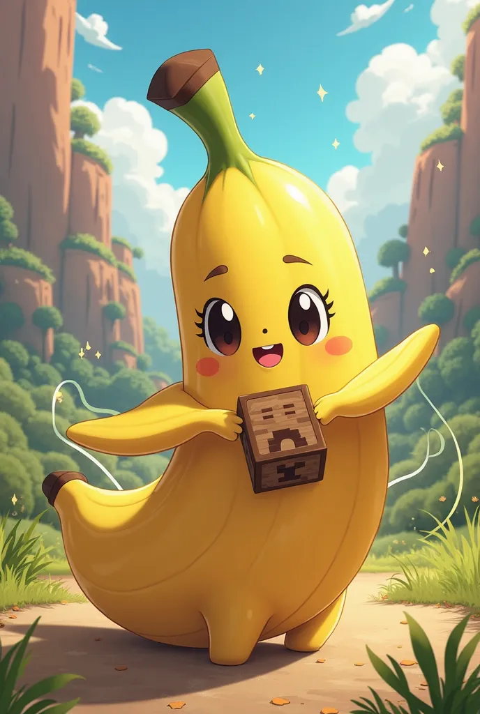 Create me an anime banana for a man who walks with a wooden Minecraft brooch 