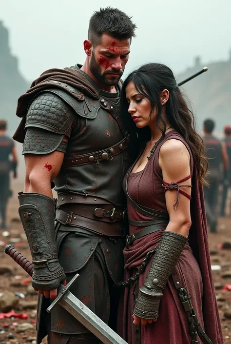 Generate an image of a male warrior who just fought a fight against a lot to protect her wife, standing infront of his wife, sword in hand, blood in face 8k fully realistic