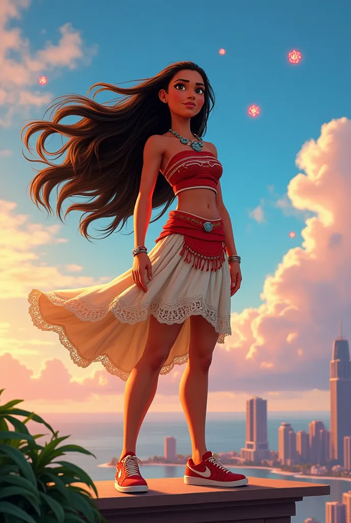 Moana's Look:
Keep her signature outfit but modernize it (e.g., a red crop top, flowy skirt with sneakers instead of barefoot).
Hair flowing in the wind, showing movement and bravery.

Setting:
Instead of an ocean horizon, draw a futuristic city skyline in...