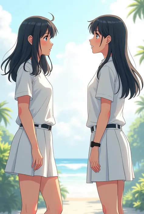 Two man student wearing white uniform talking to each other comics distance 