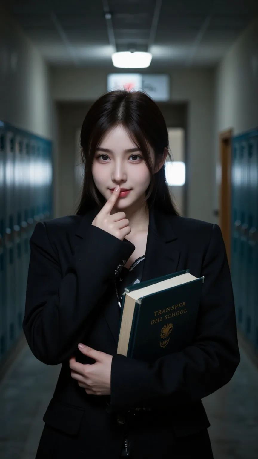 a mysterious transfer student, holding a book and making a hush sign near her lips, mischievous smile, walking down a highschool corridor, detailed facial features, expressive posture, HDR, UHD, studio lighting, ultra-fine painting, sharp focus, physically...