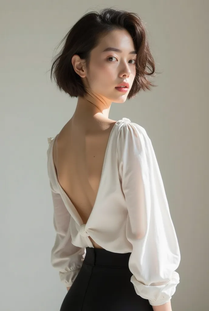 An elegant androgynous young human with smooth skin and neutral facial. They have short hair with soft waves, styled. Their physique is balanced and neutral, with a slim yet toned build, smooth curves, and no pronounced muscular definition or sharp angles....