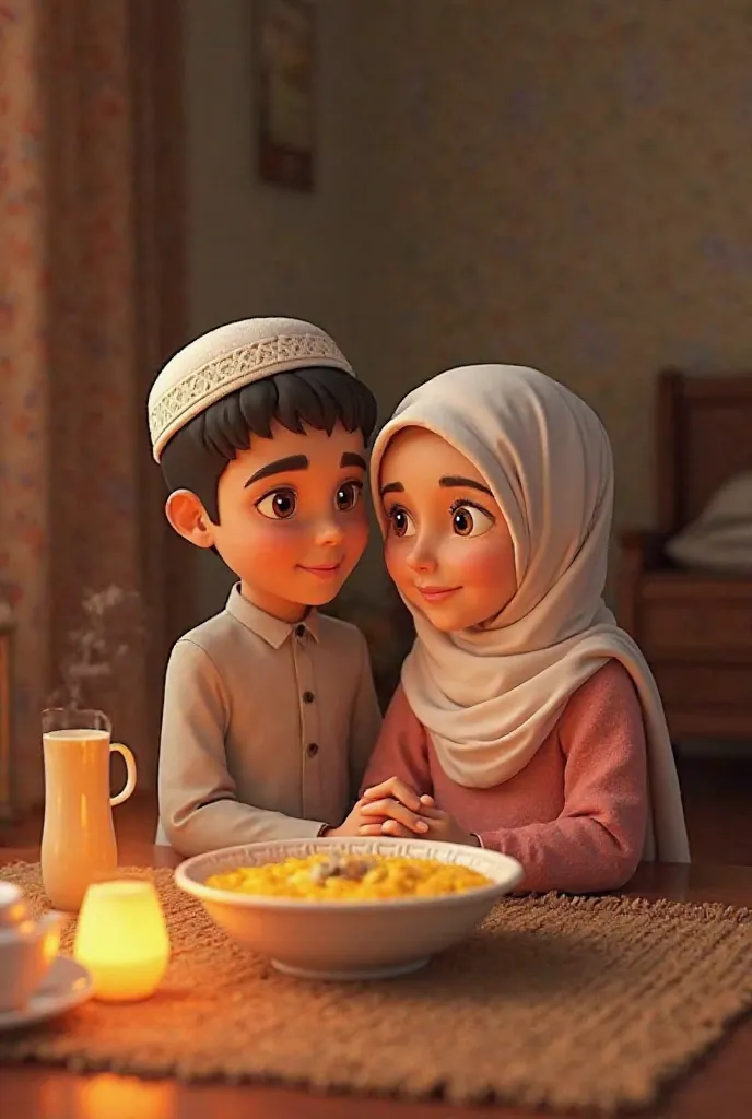 mother: [ softly ] "My son, Sehri is a Sunnah. The Prophet (peace and blessings of Allaah be upon him) said that it is blessed. It is not just a meal, but part of our spiritual preparation for the fast."3d Pixar style Islamic seen by seen pictures create k...