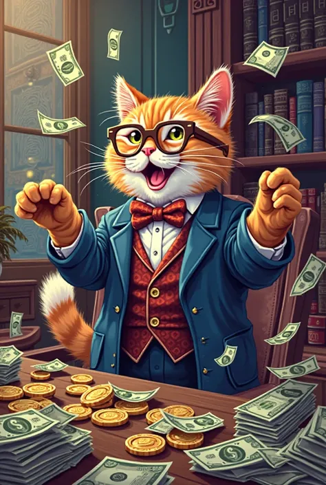 Cat rich play with money pixel