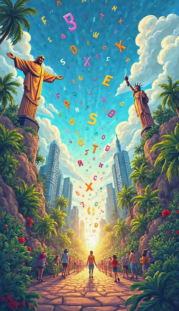 A vibrant and dynamic scene of a bilingual world, divided between one side representing Brazil and the other representing the United States. The Brazilian side has iconic elements such as a Christ the Redeemer in the background, tropical colors and an anim...