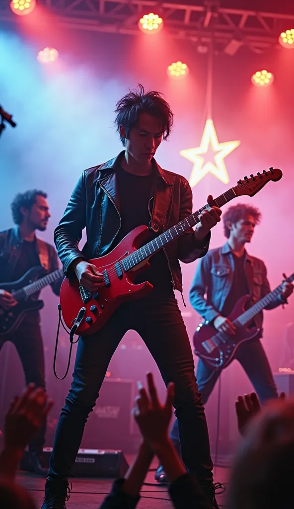 "Ultra-realistic, high-quality image of an Asian rock band performing live on stage, featuring three guitarists with expressive facial features and natural skin textures. The lead guitarist in the center holds a red electric guitar, wearing a black leather...