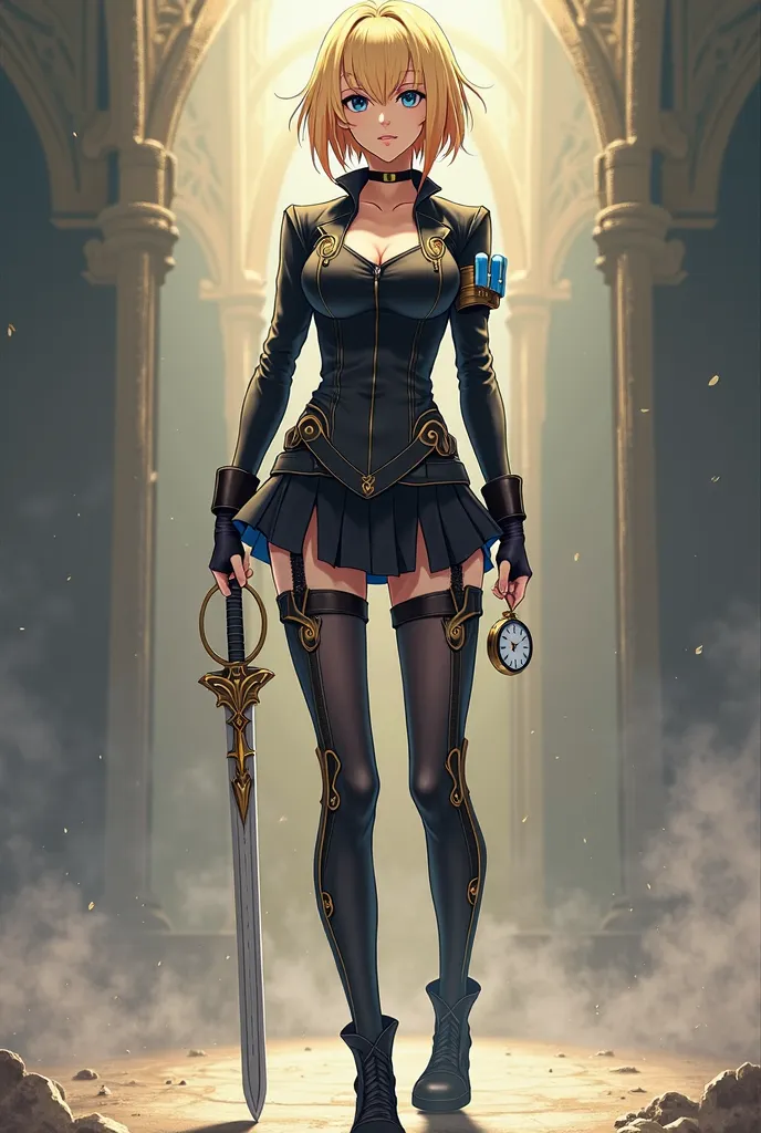 Anime-like drawing of a heroine with short shoulder-length hair in blonde, a tight suit with black skirt and boots with gold and blue details, That he has a sword and a pocket watch 