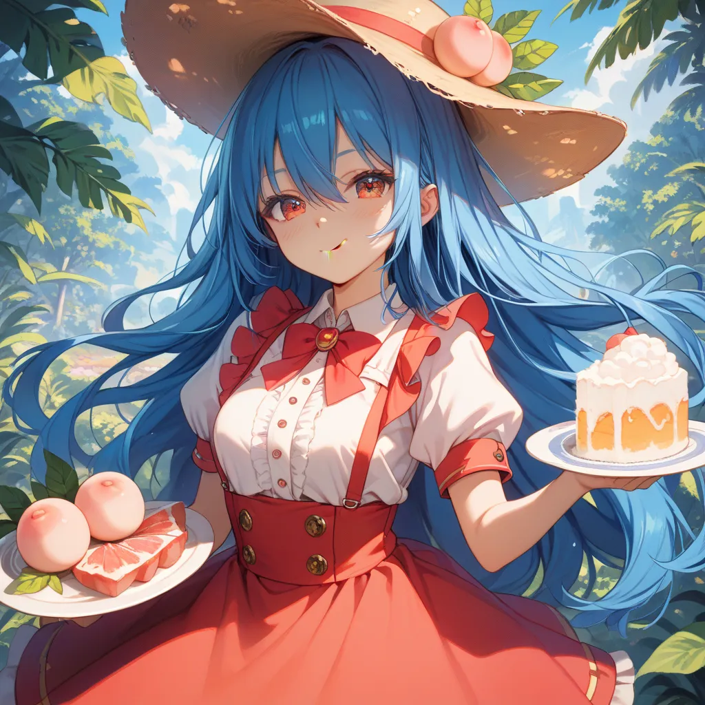 1girl,hinanawi tenshi,black_headwear,blue_skirt,blush,buttons,center_frills,closed_mouth,collared_shirt,food,frills,fruit,fruit_hat_ornament,hat,hat_ornament,one_eye_closed,peach,peach_hat_ornament,puffy_short_sleeves,puffy_sleeves,rainbow_order,shirt,shor...