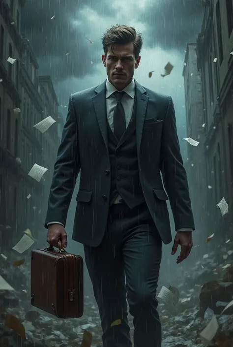 Create a book cover with a dark environment, dramatic, Suspense , rainy, a yours full of flying papers and a man in a suit holding a briefcase 