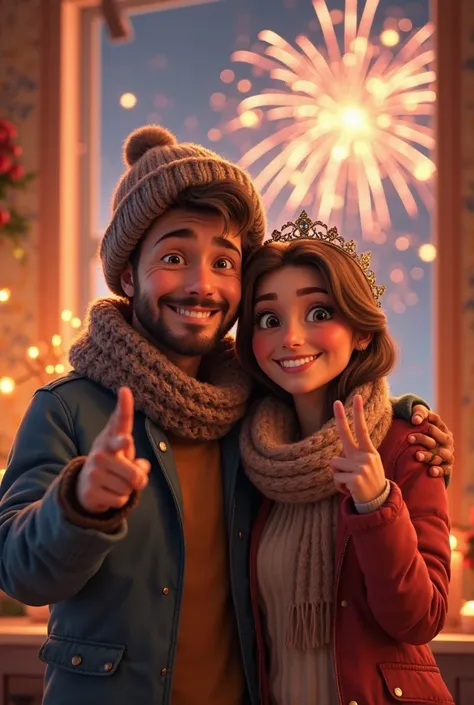 A cheerful young couple celebrating New Year's Eve 2025 in a cozy indoor setting. The man wears a winter scarf and hat, while the woman has a festive tiara. Both are smiling and making peace signs. Fireworks light up the background, creating a warm and joy...