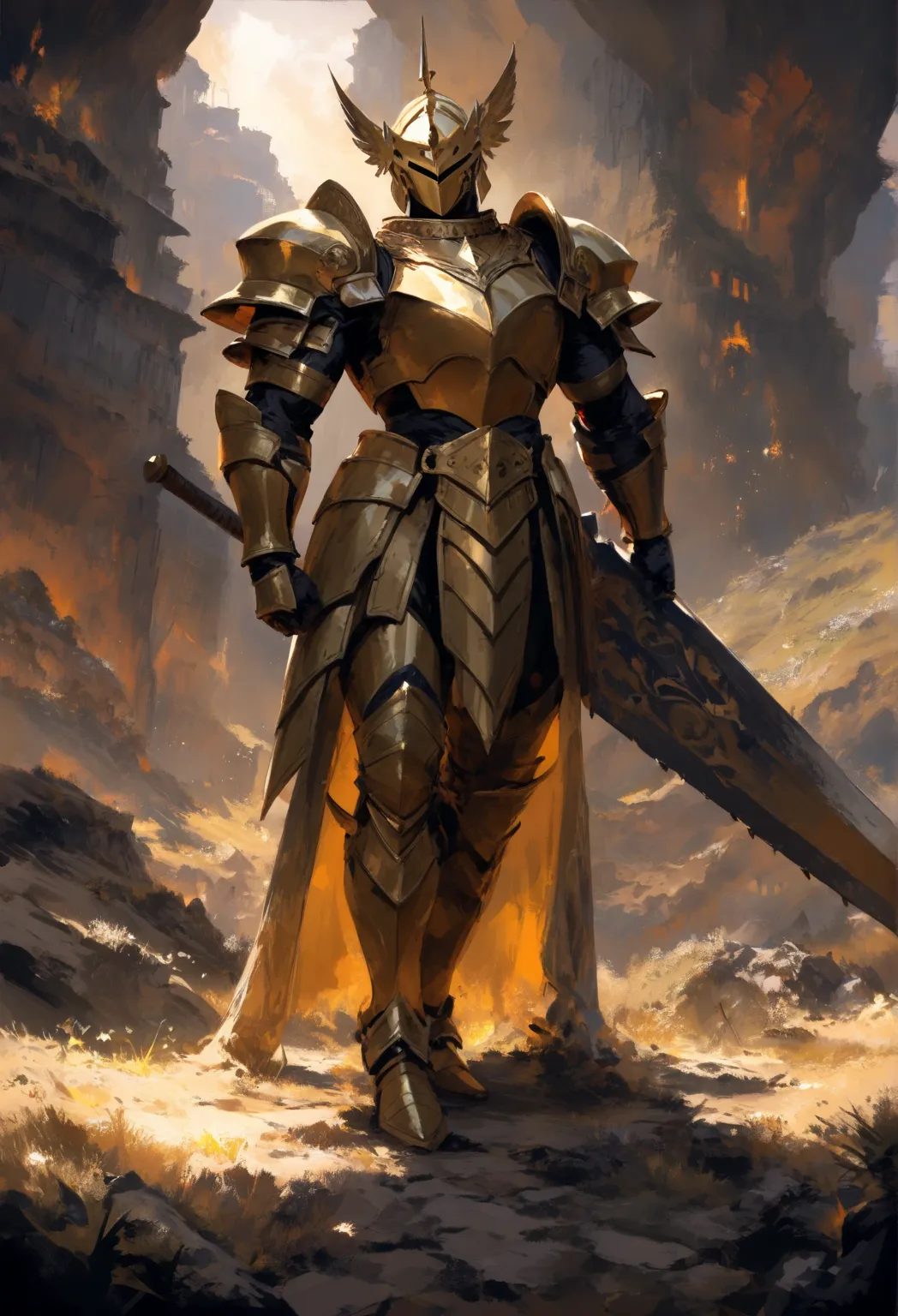 Golden Full armored knight, soulless entity,his peeking eyes behind his visor trailing a golden light,muscular tall body, sensitive, solo, holding a golden buster sword, landscape, underground Colloseum landscape, head tilt, half body, Fantasy underground ...