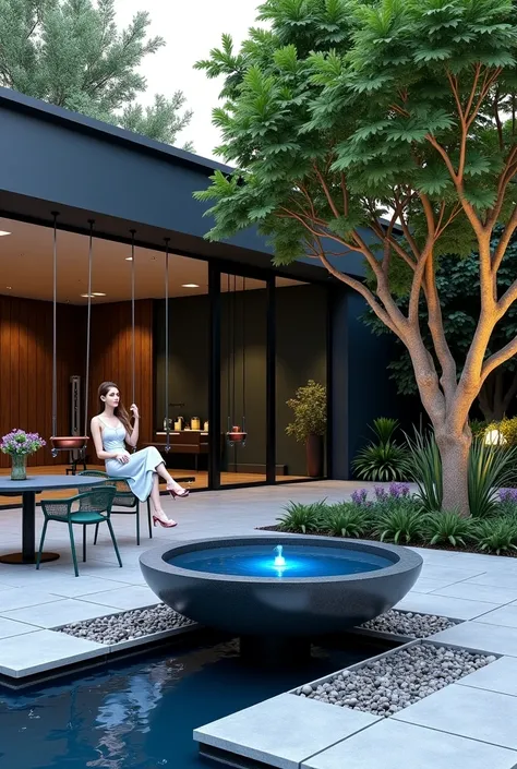 Architectural professional 3D rendering of the spatial design in the garden in a very modern and very minimal and very luxurious style and a small stone round bowl in dark blue, in the middle of which is a blue fountain and around this bowl is a dark blue ...