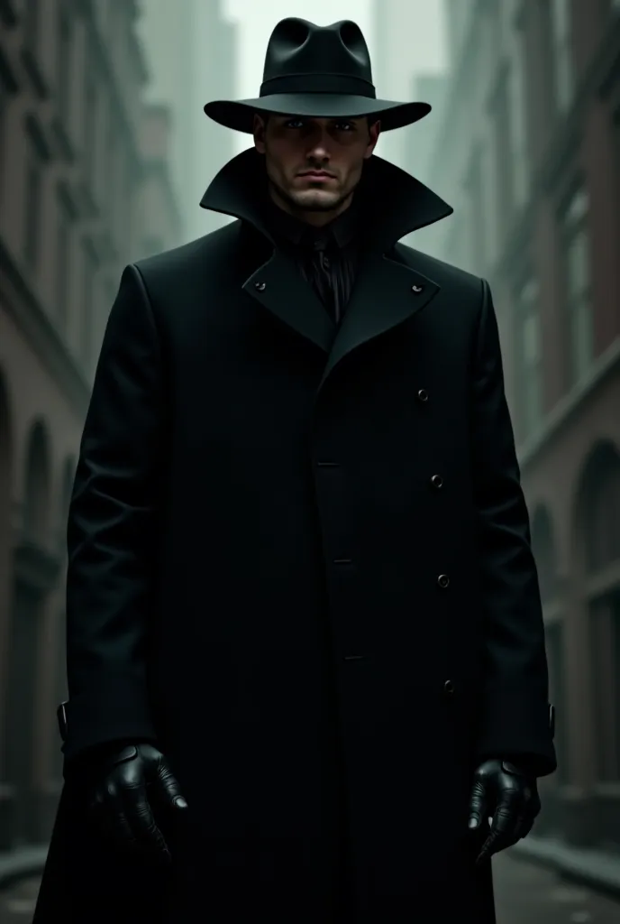 Man in an all-black overcoat looking seriously 